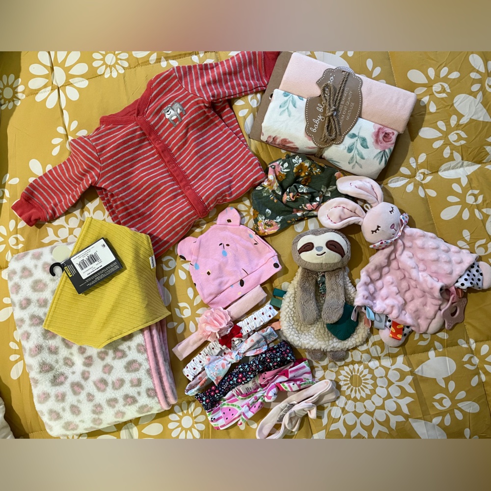 Baby Girl lot, fleece blanket, receiving blankets, teethers, headbands, hats bib